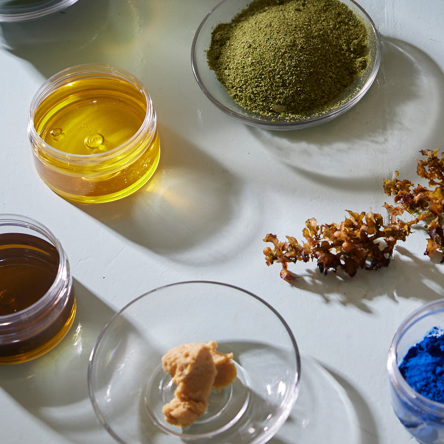 Aerial view of various product ingredients on a table.
